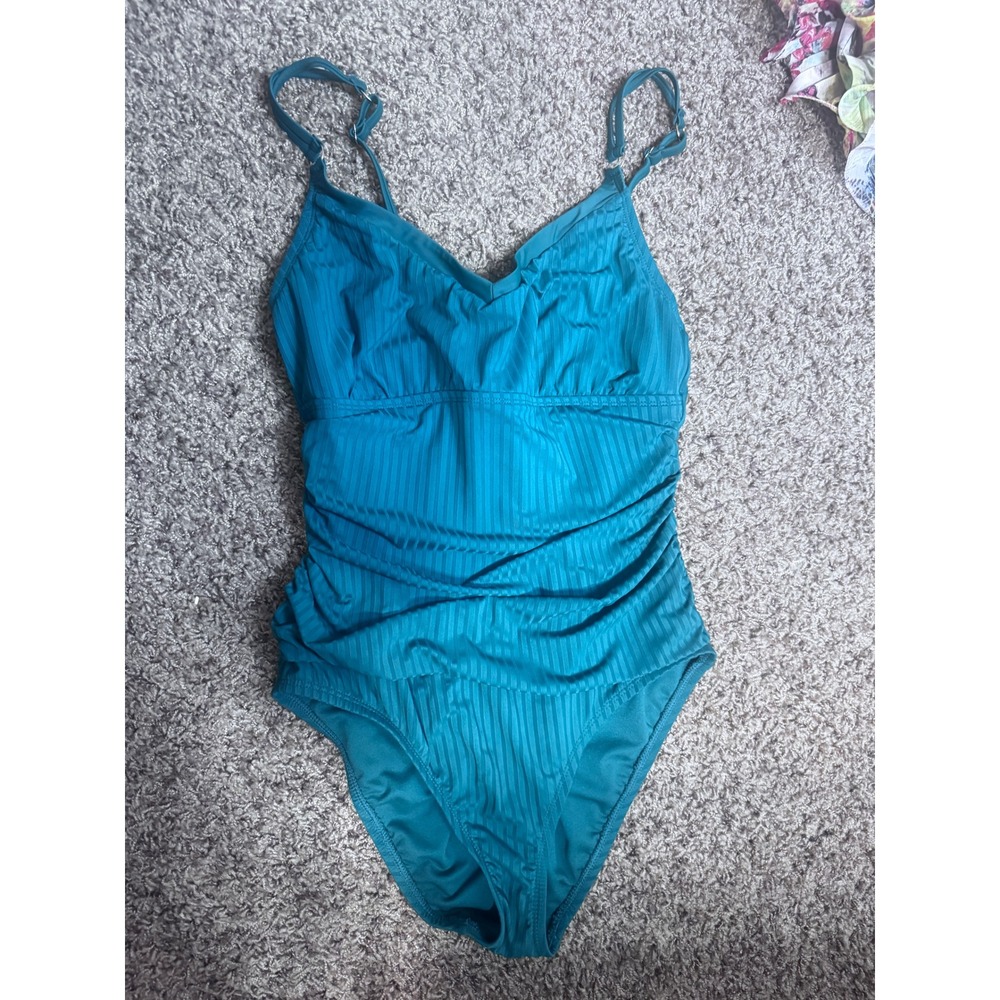 Ellen Tracy Teal Green Ribbed Ruched One Piece Swimsuit Women Large L 15101